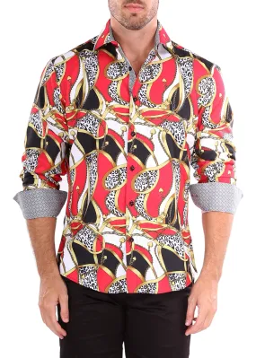 Men's Dali Inspired Red Button Up Long Sleeve Dress Shirt