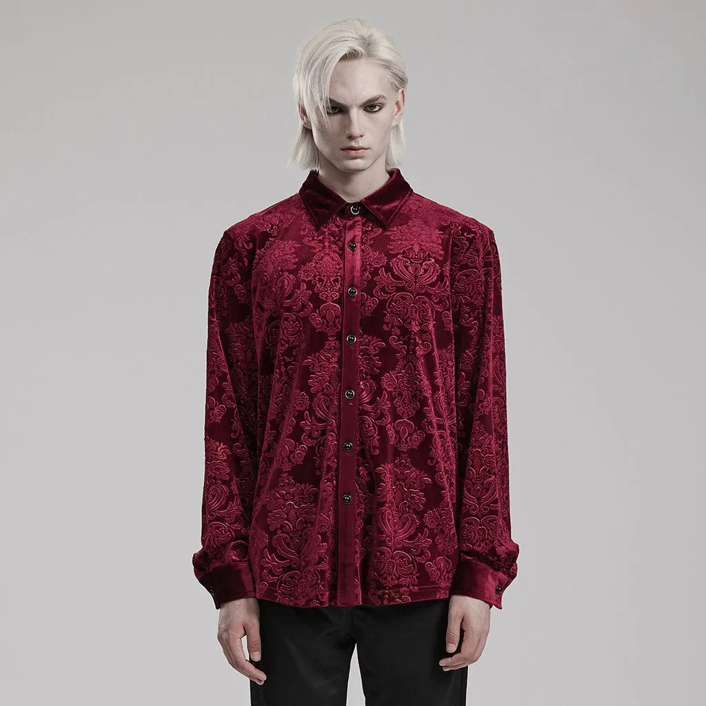 Men's Gothic Embossed Velvet Shirt Red