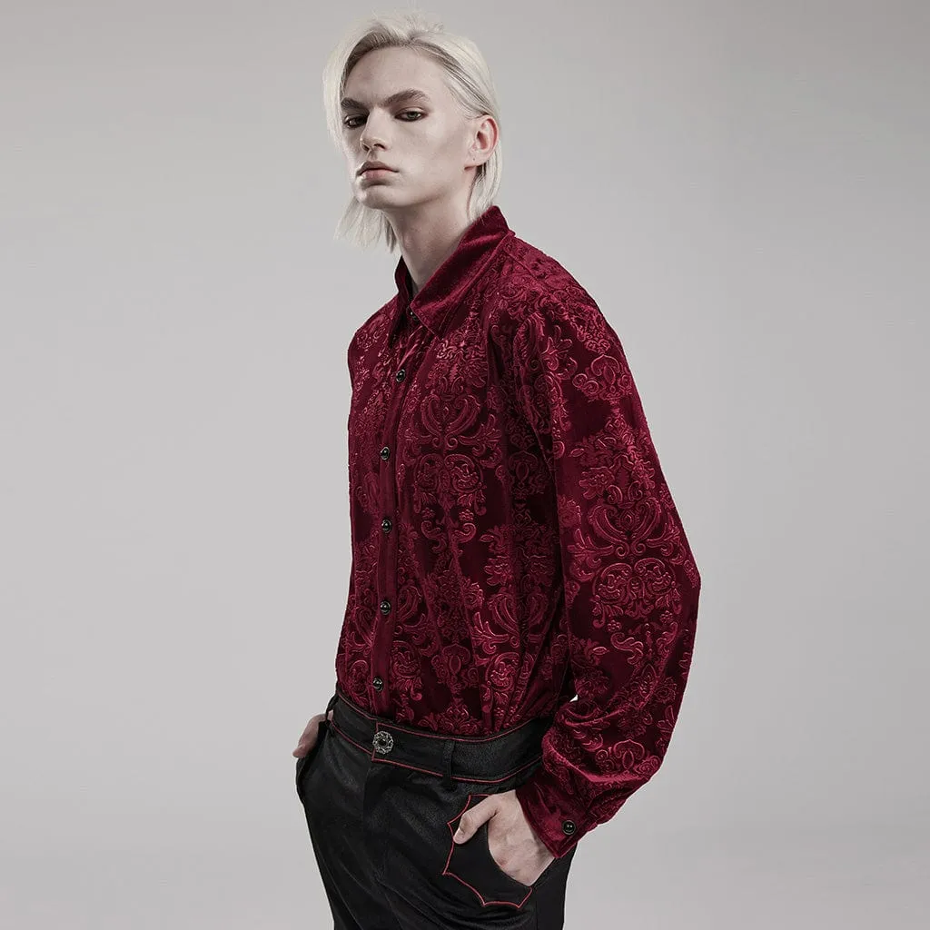 Men's Gothic Embossed Velvet Shirt Red