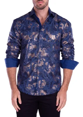 Men's Navy Metallic Print Button Up Long Sleeve Dress Shirt