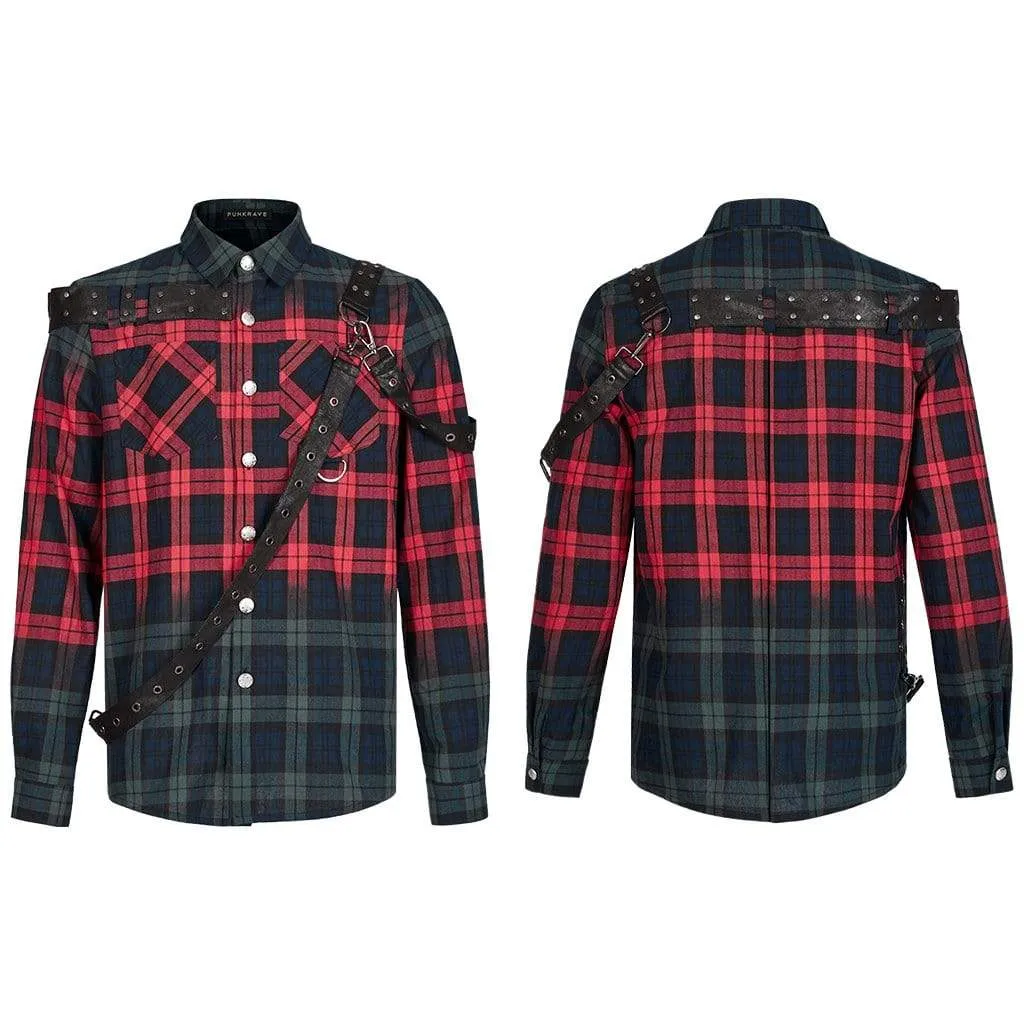 Men's Punk Double Color Splice Plaid Shirt