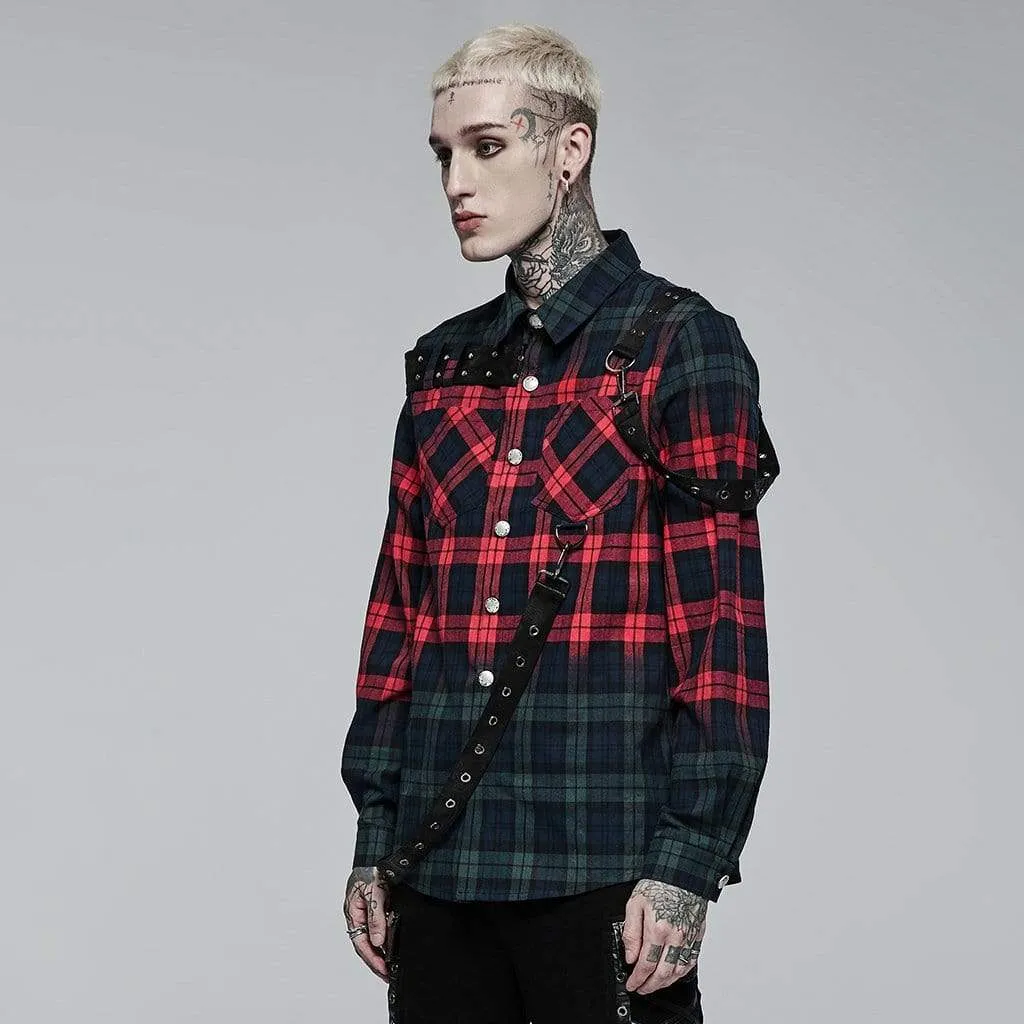 Men's Punk Double Color Splice Plaid Shirt