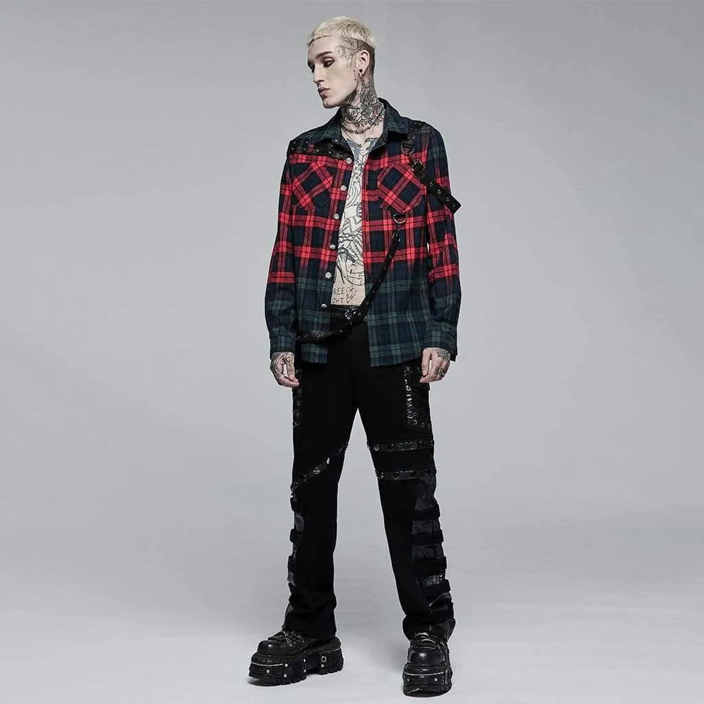 Men's Punk Double Color Splice Plaid Shirt