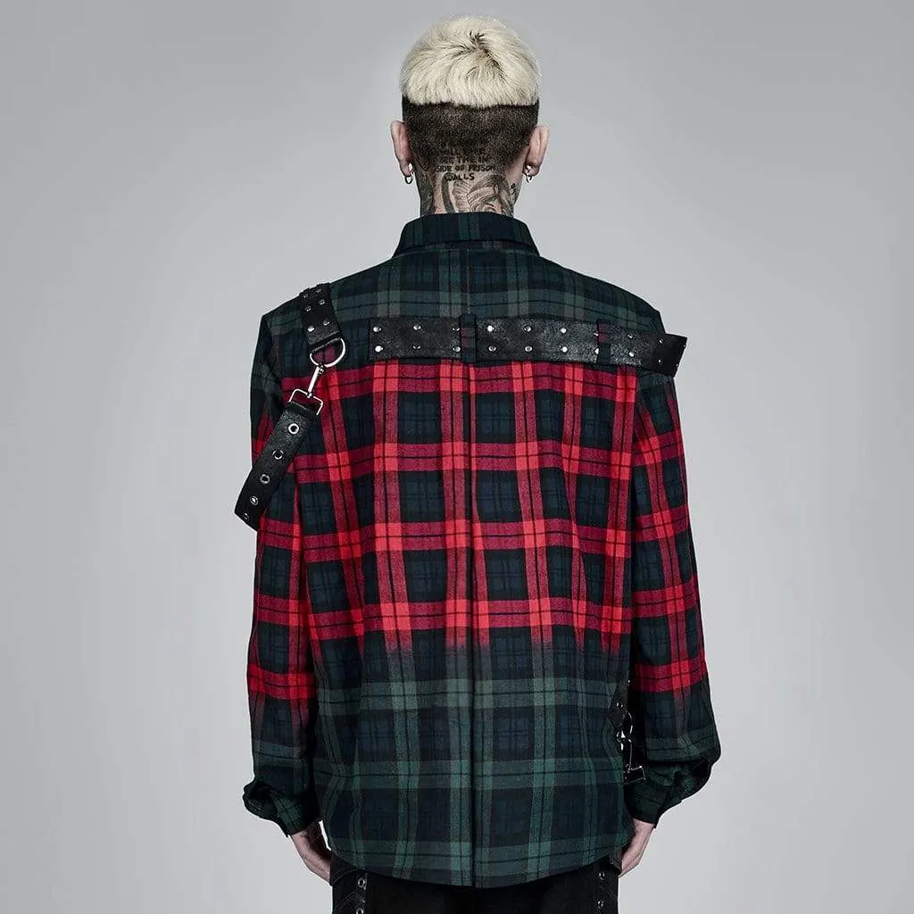 Men's Punk Double Color Splice Plaid Shirt