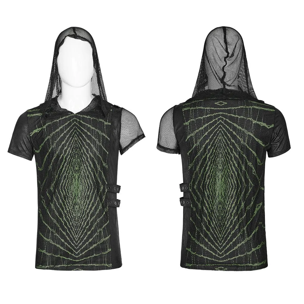 Men's Punk Halo Printed Mesh T-shirt with Hood