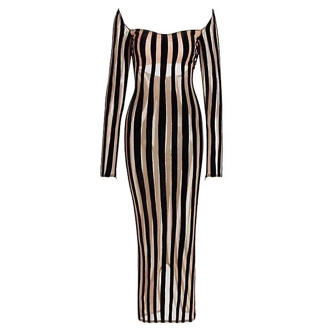 Mesh Striped Backless Bodycon Dress