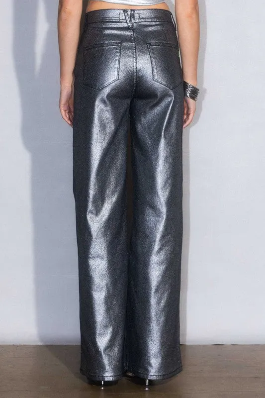 Metallic Leather High Rise Wide Pants