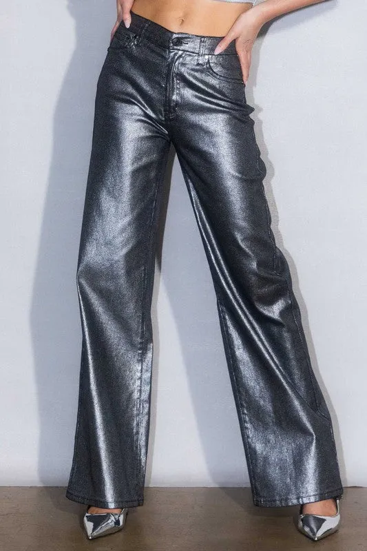 Metallic Leather High Rise Wide Pants