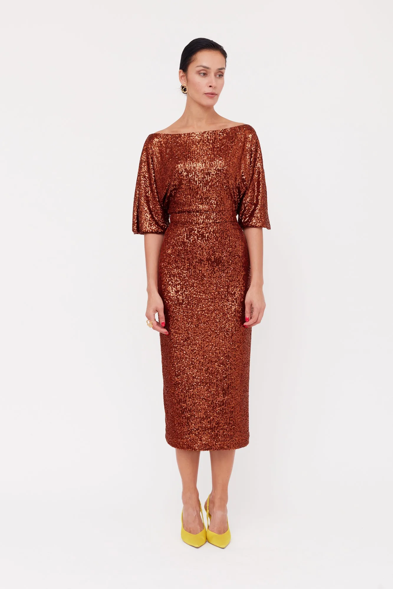 MIRTA Bronze Sequin Cocktail Midi Dress With Widening Sleeves