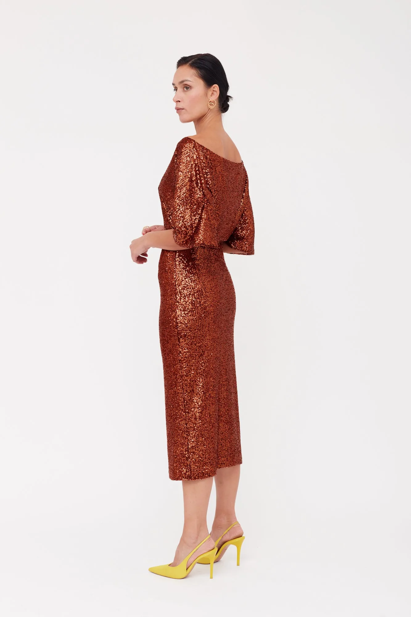 MIRTA Bronze Sequin Cocktail Midi Dress With Widening Sleeves