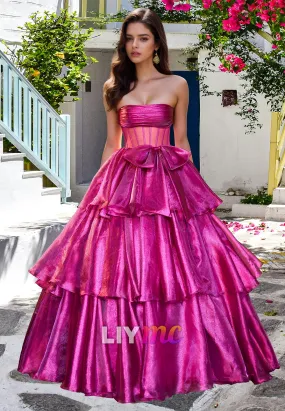 Off-Shoulder Sleeveless Pleated Tiered Bowknot A-Line Prom Dress