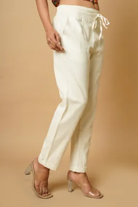 Off White Cotton Crafted Women's Trousers