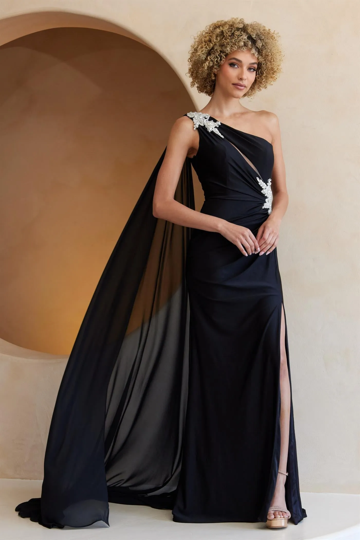 One Shoulder Cape Slit Gown by Amelia Couture 7056