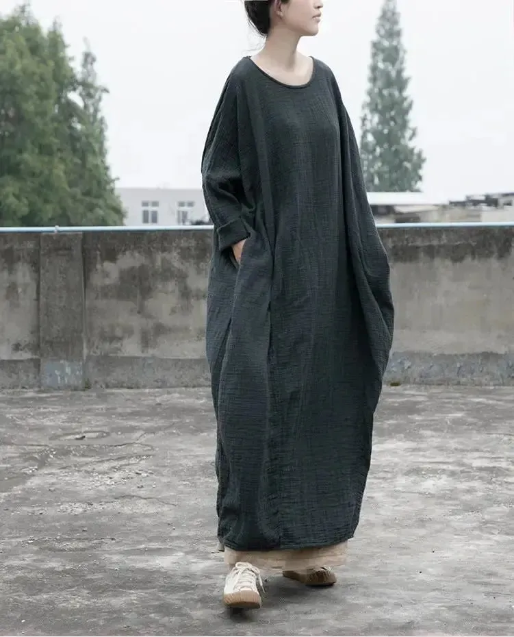 Oversized Women's Linen Dress Robe Dress with Long Sleeves