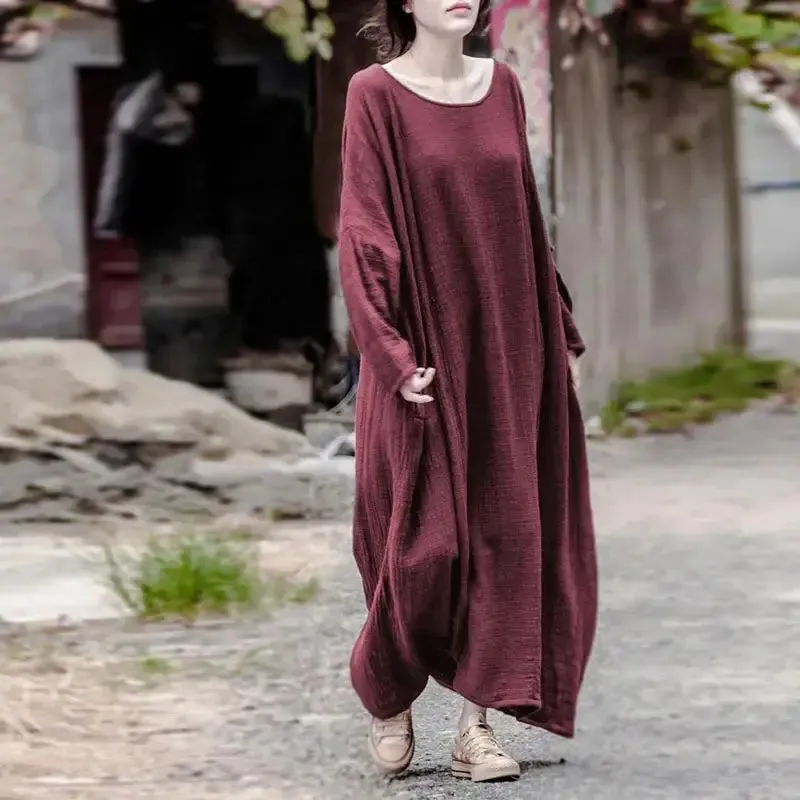 Oversized Women's Linen Dress Robe Dress with Long Sleeves