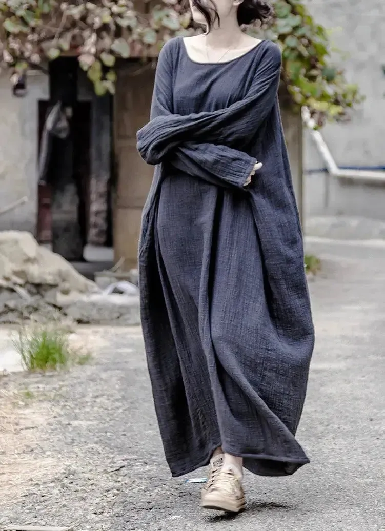 Oversized Women's Linen Dress Robe Dress with Long Sleeves