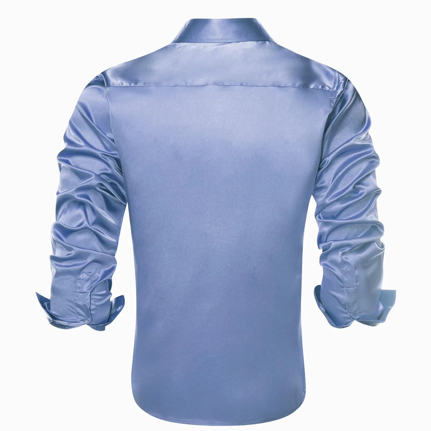 Pale Blue Solid Satin Silk Men's Long Sleeve Business Shirt