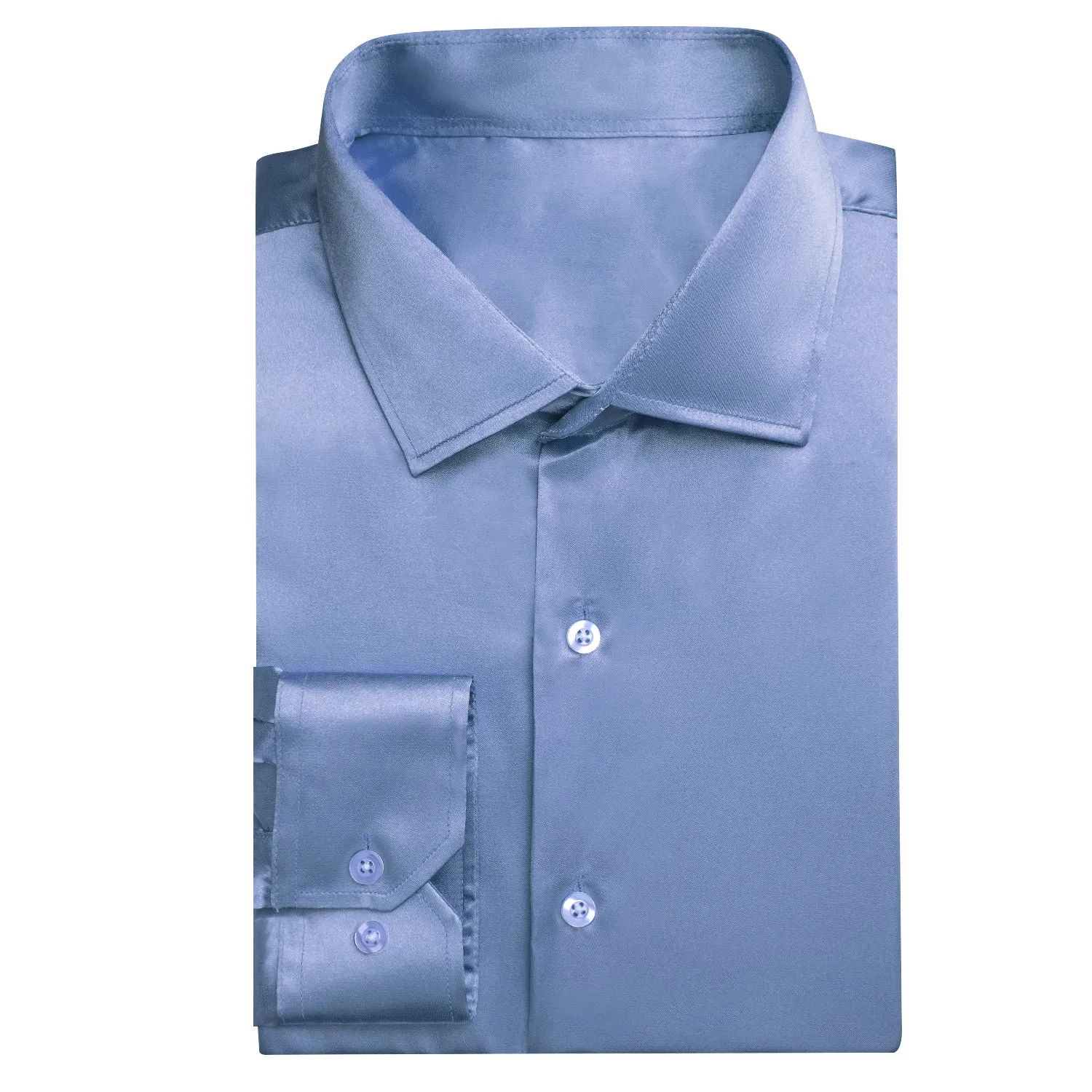 Pale Blue Solid Satin Silk Men's Long Sleeve Business Shirt