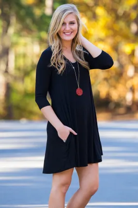 Piko 3/4 V-Neck Sleeve Swing Dress - Black