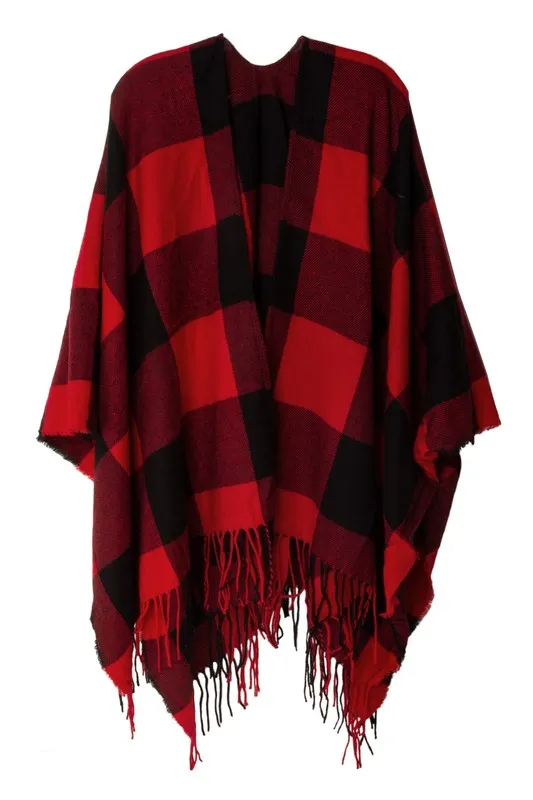 Plaid Red Pattern Ruana Poncho