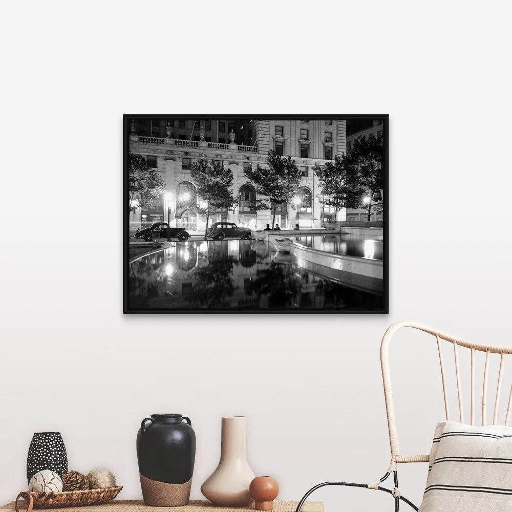 "1930's Night Scene 5th Avenue Tree Lined Sidewalk" Black Float Frame Canvas Art