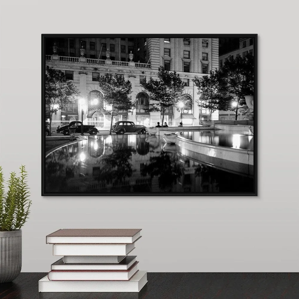 "1930's Night Scene 5th Avenue Tree Lined Sidewalk" Black Float Frame Canvas Art