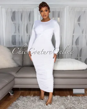 Razelle White Twist Bust Ruched Midi Dress