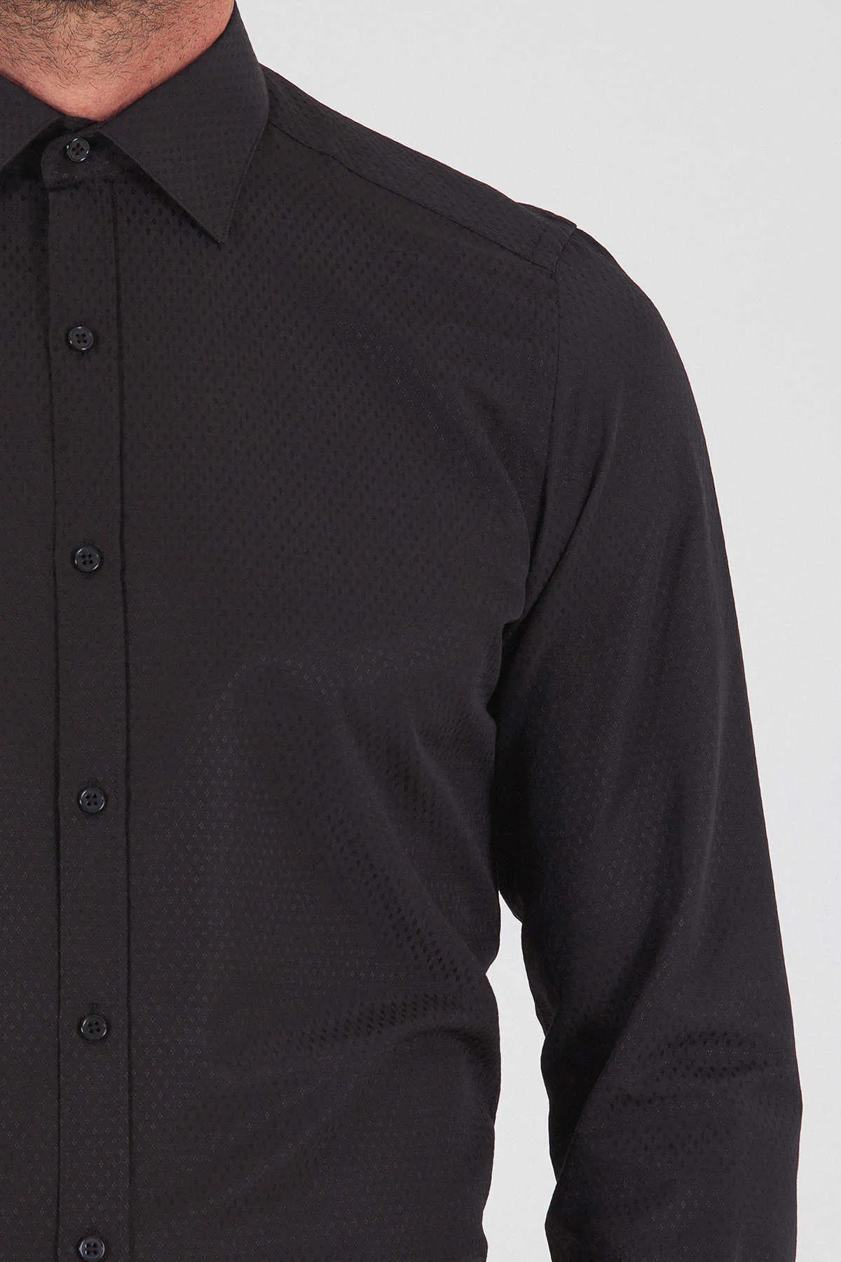 Regular Fit Patterned Cotton Blend Dress Shirt, Black D.