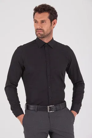 Regular Fit Patterned Cotton Blend Dress Shirt, Black D.