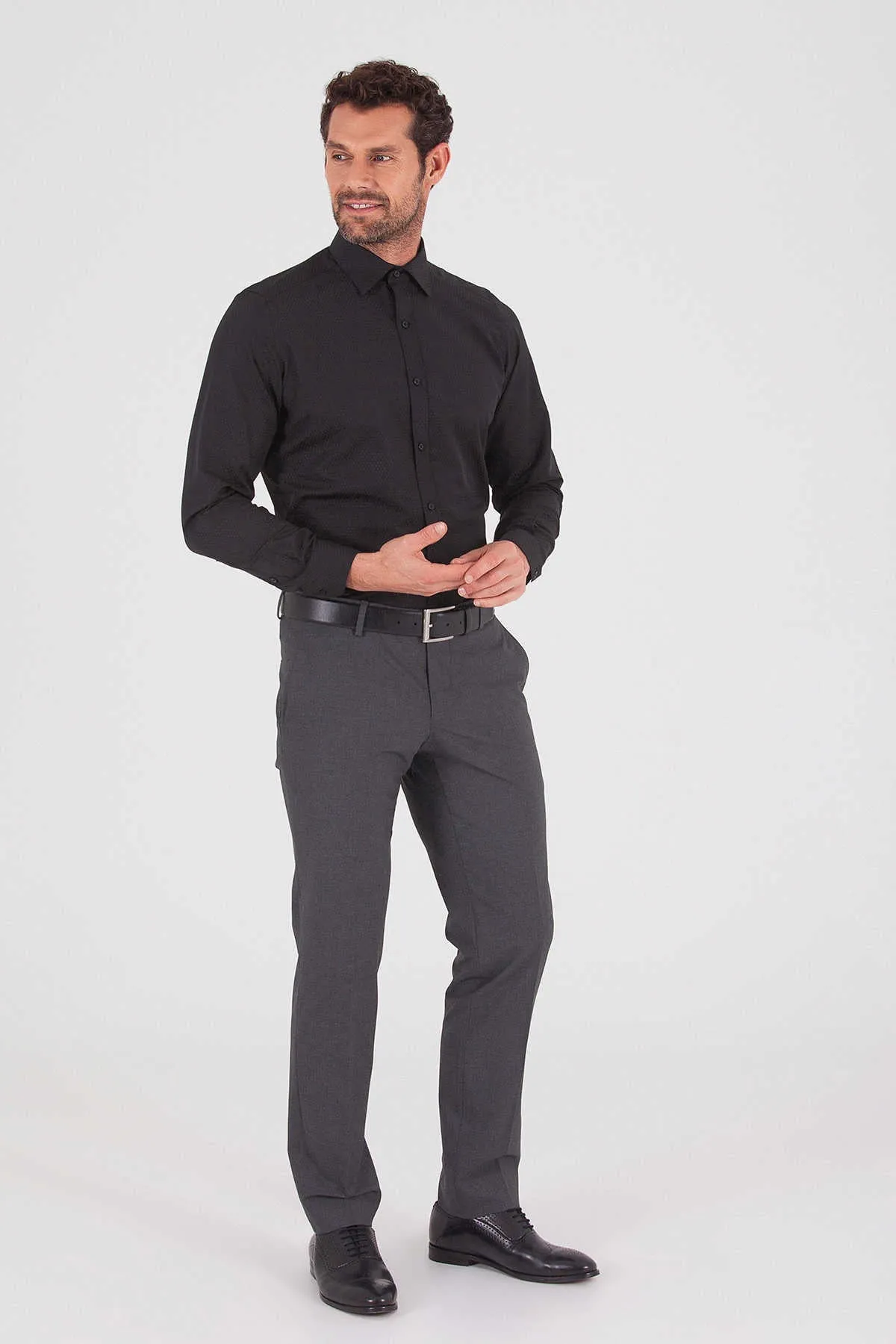 Regular Fit Patterned Cotton Blend Dress Shirt, Black D.