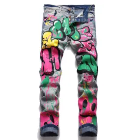 Retro Blue Graffiti Printed Cotton Pants