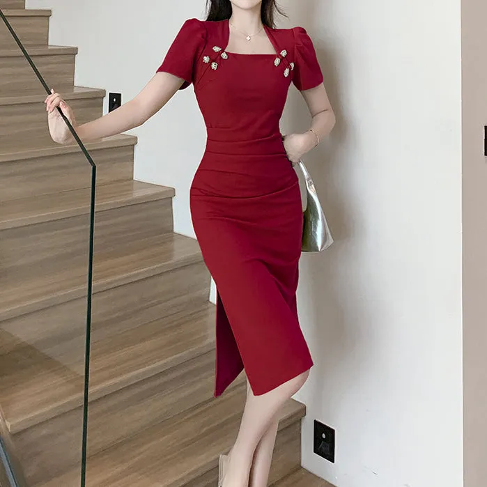 Retro Solid Color Cheongsam Square Neck Wrap Hip Dress