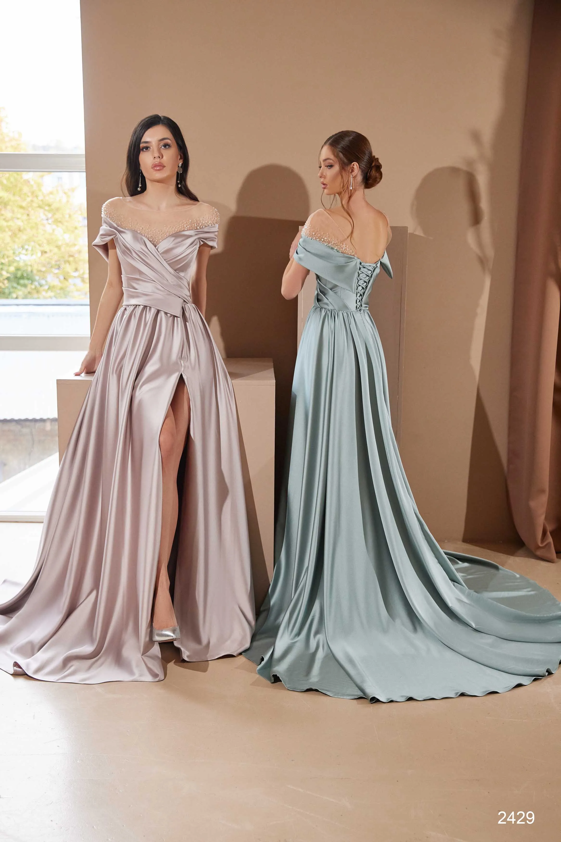 Satin Off Shoulder High Slit Bridesmaid Dress