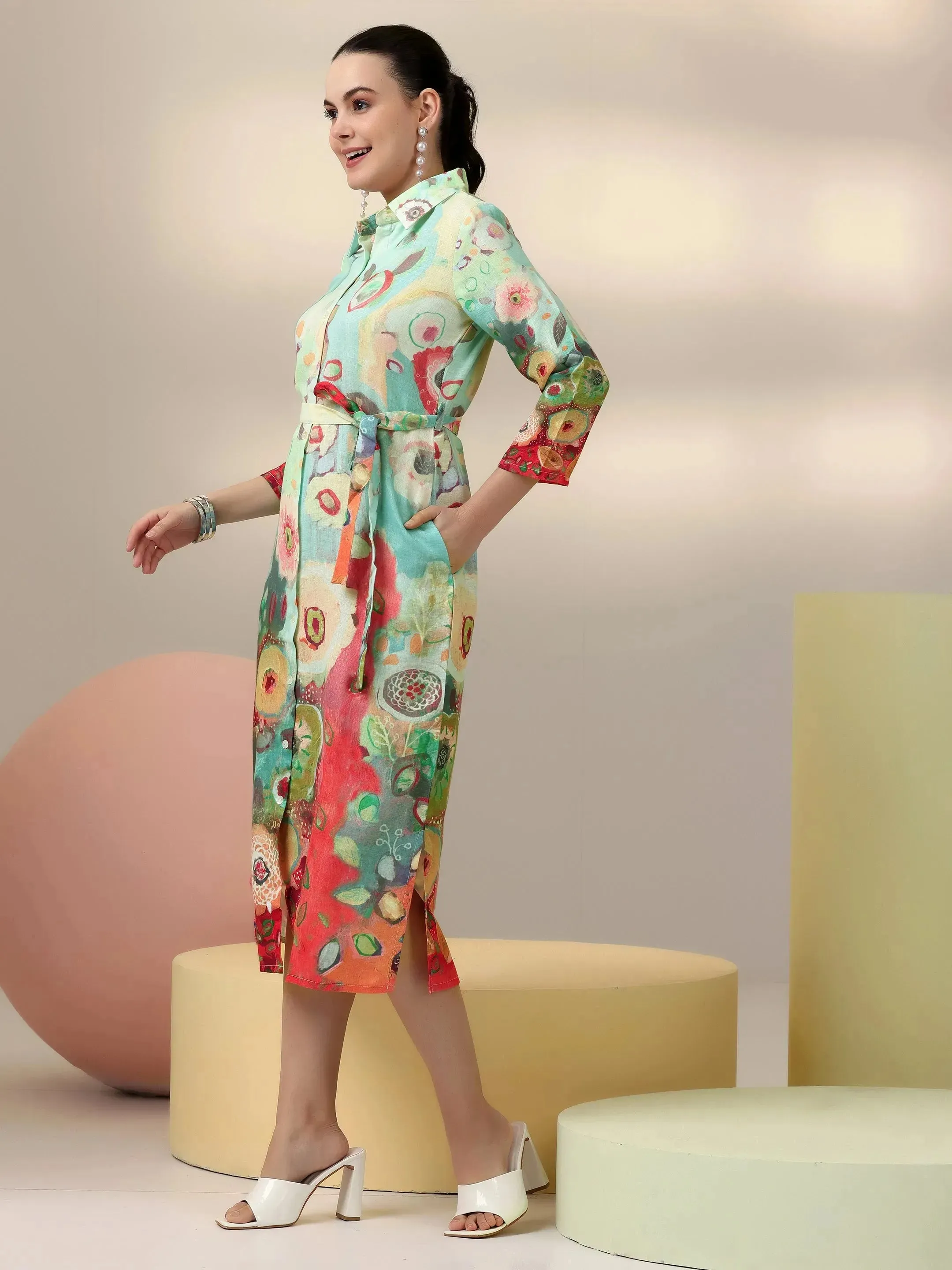 Sea Green Printed Linen Shirt Dress With Belt