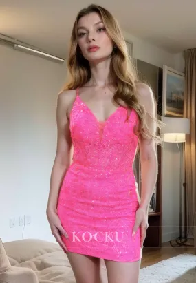 Sexy & Hot V-Neck Spaghetti Straps Sequined Sparkly Party Homecoming Dress