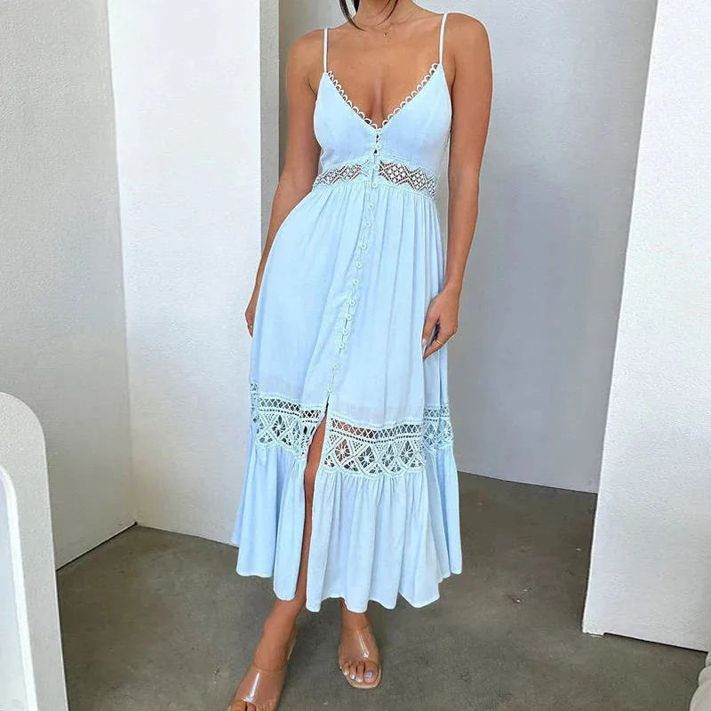 Sexy Beach Backless Button Split Dresses Elegant Stylish Dress