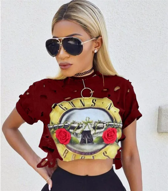 Sexy Hole Crop Top 2017 Print GUNS N ROSES T Shirt Women Top Tees Shirt Femme Short Sleeve T-Shirt Female Fashion Summer Tops