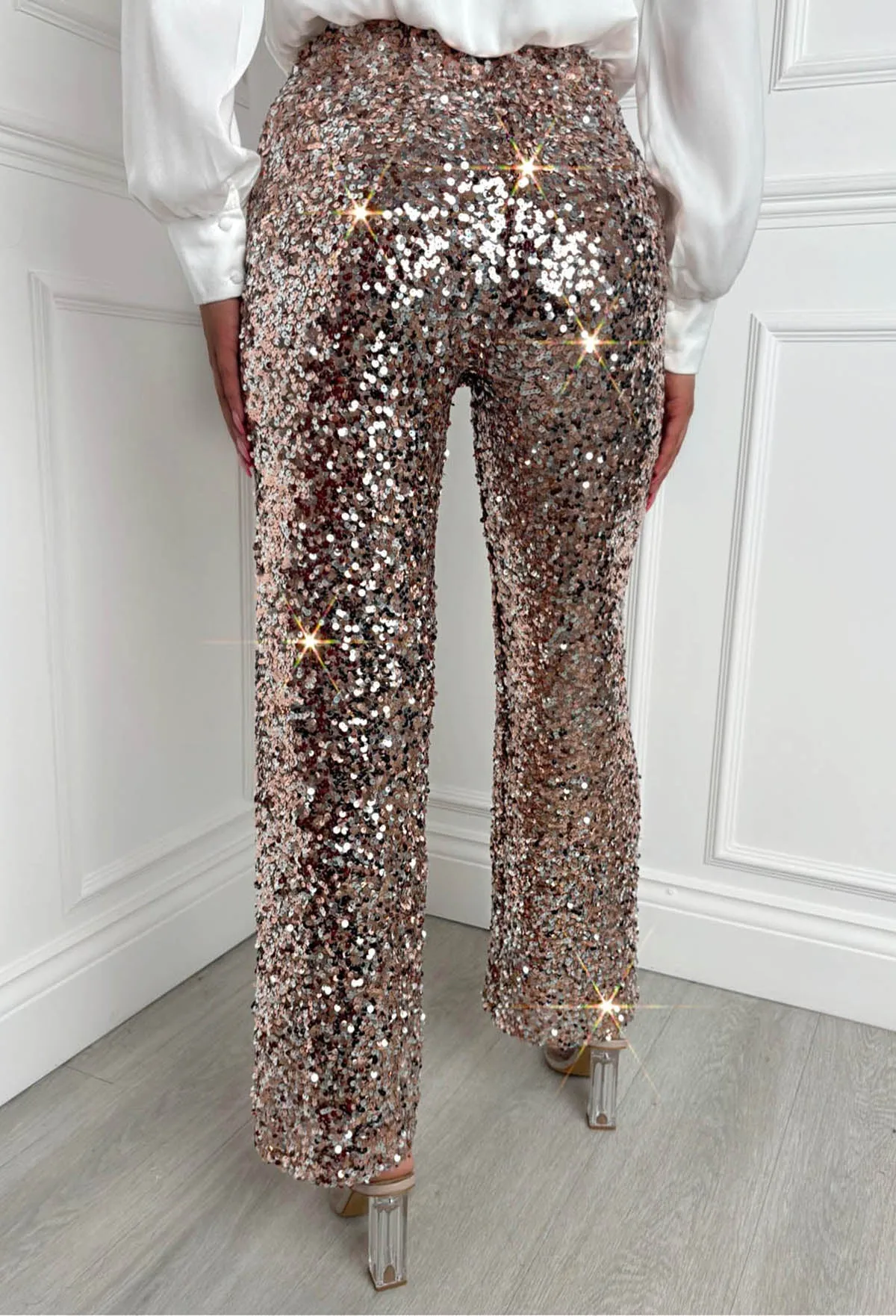 Shimmering Chic Rose Gold Stretch Sequin Flared Trousers