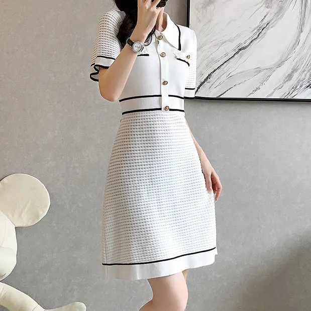 Short-Sleeved Button Elegant Ice Silk Knitted Dress