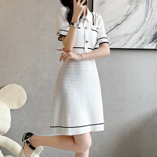 Short-Sleeved Button Elegant Ice Silk Knitted Dress