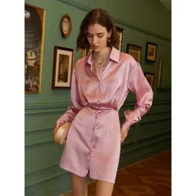 Silk Acetate French Slim Dress Casual Fitted Waist Shirt Dress