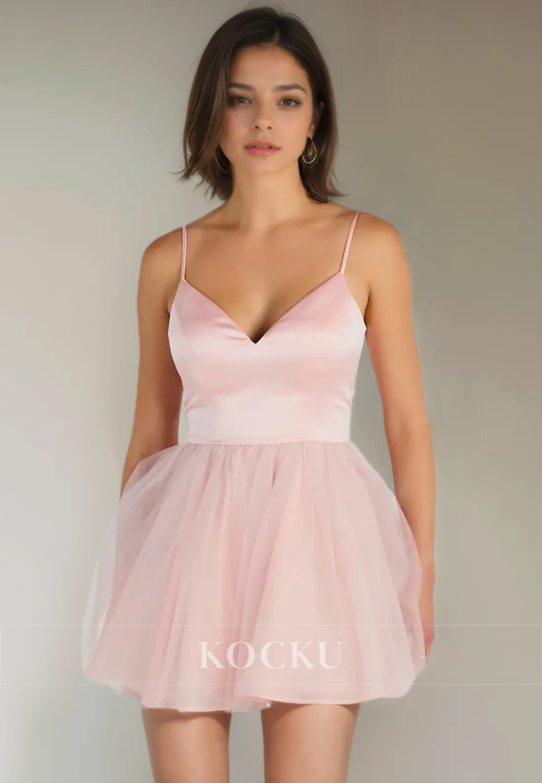 Simple & Casual Spaghetti Straps V-Neck A-Line Party Homecoming Dress