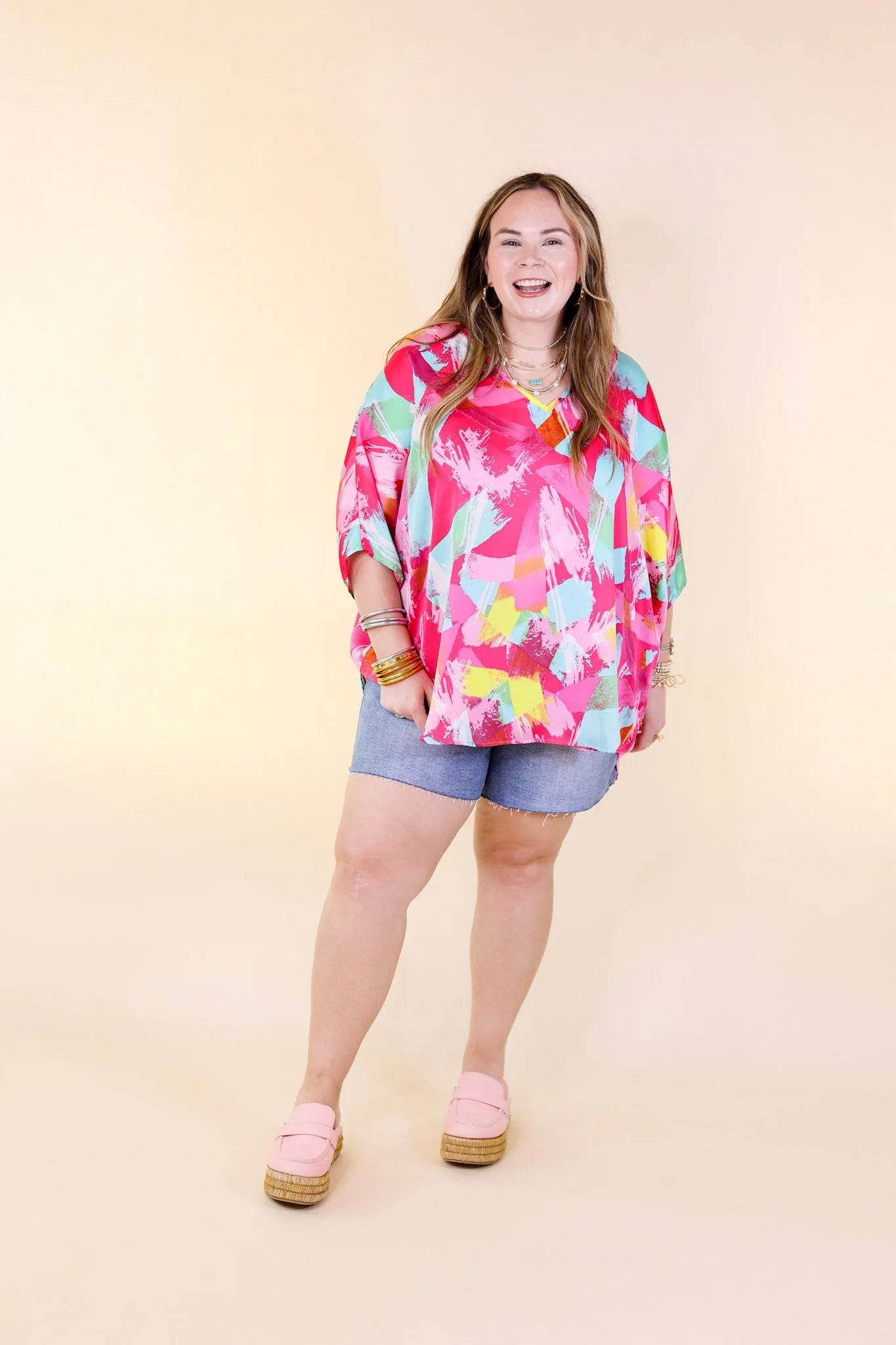 Spring It On Multi Color Brush Stroke Print Poncho Top in Pink Mix