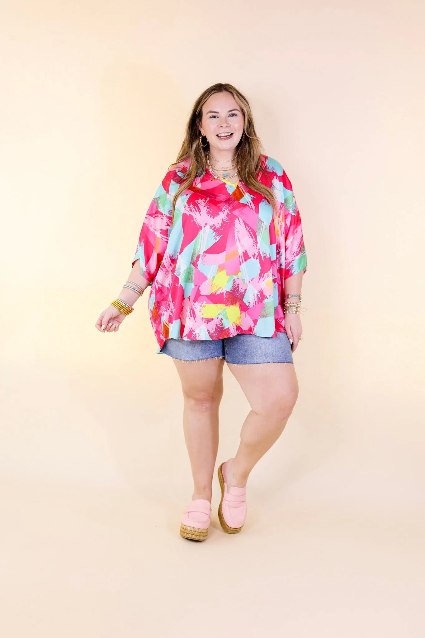 Spring It On Multi Color Brush Stroke Print Poncho Top in Pink Mix