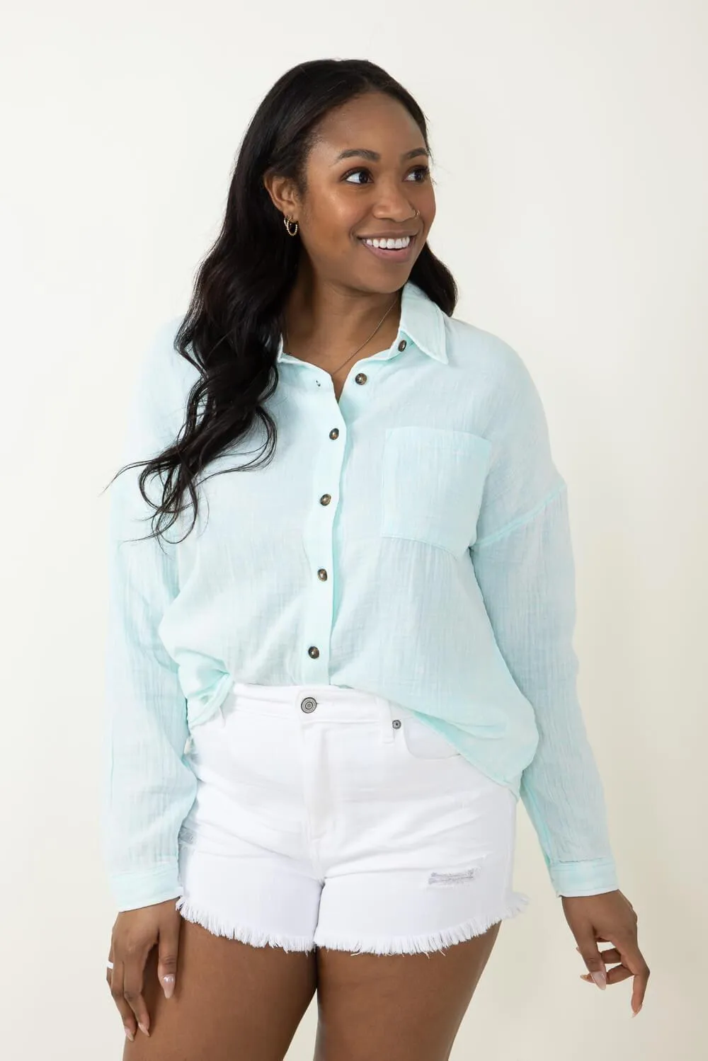 SS Button Down Gauze Seafoam