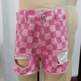 SS0092 Pink Check Denim Shorts