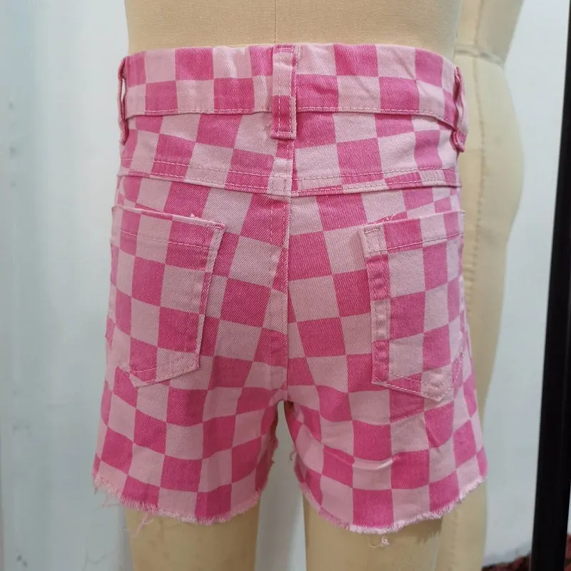 SS0092 Pink Check Denim Shorts