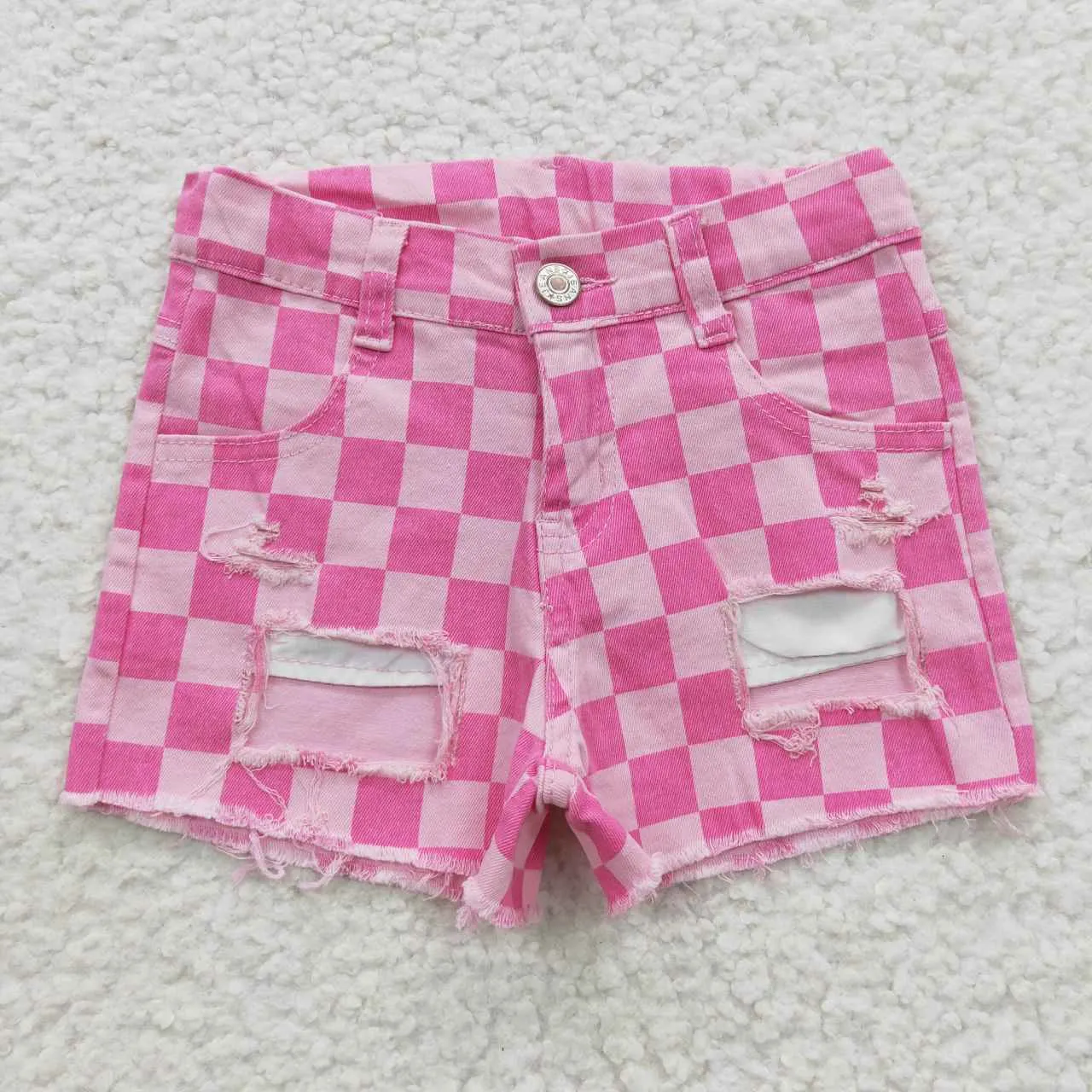 SS0092 Pink Check Denim Shorts