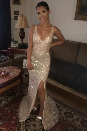 Stunning V-Neck Sequins Prom Dress Mermaid With Slit   fg1385