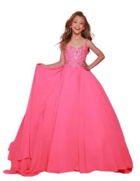 Sugar Kayne C368 Size 6 Hot Pink Chiffon Cape Girls Pageant Dress Crystal Sequin Bodice Ballgown Teen